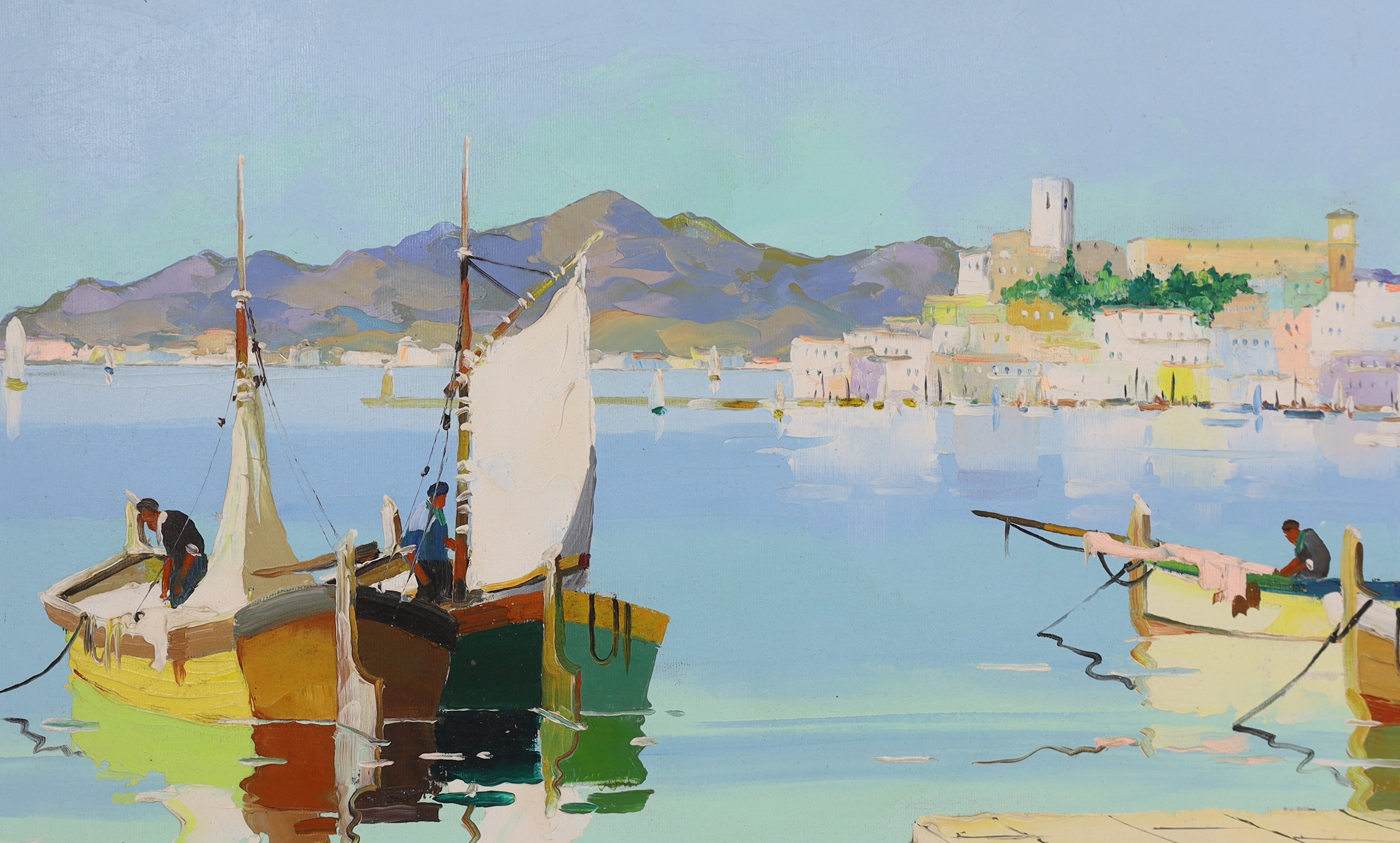 Cecil Rochfort D'Oyly-John (English, 1906-1993), Fishing boats along the Mediterranean coast, oil on board, 33 x 69cm